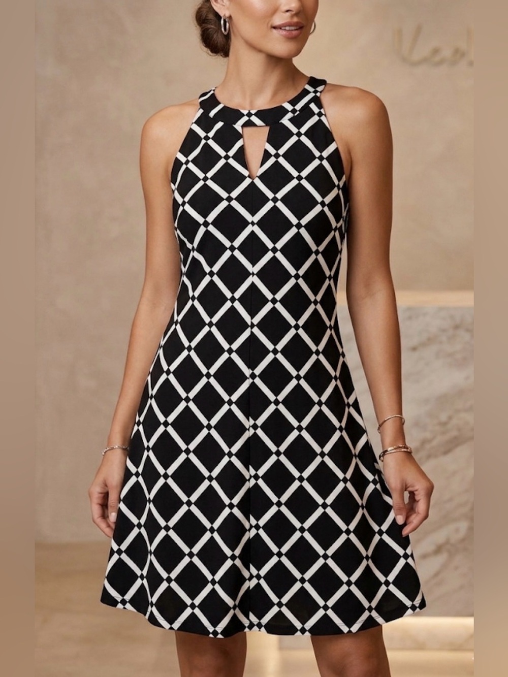 Suzy Shier Black & White Lattice Halter Mini Dress